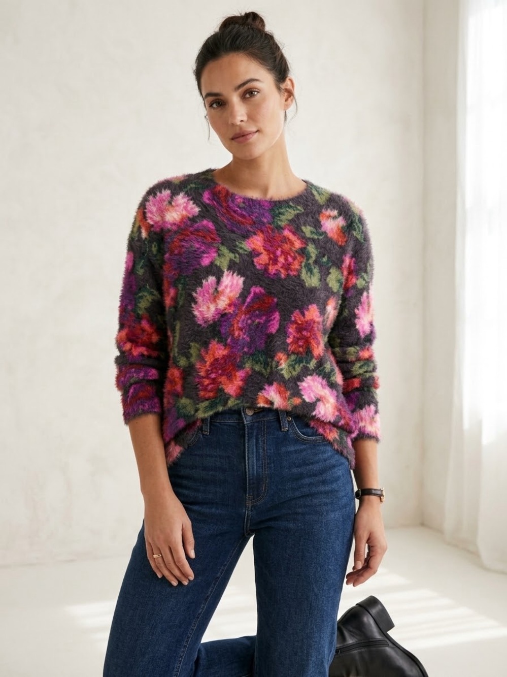 Anthropologie Meadow Rue Ariel Eyelash Floral Fuzzy Knit Sweater Large